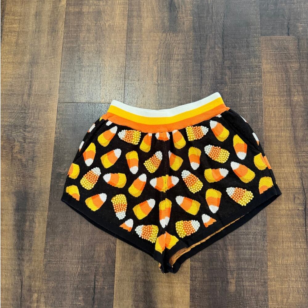 Queen of Sparkles Candy Corn Rhinestone Knit Shorts XS Halloween Lounge Shorts - Picture 8 of 9